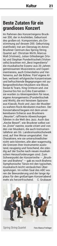 Bruckner200-2022 Spring String Quartet BEricht OÖ. Volksblatt